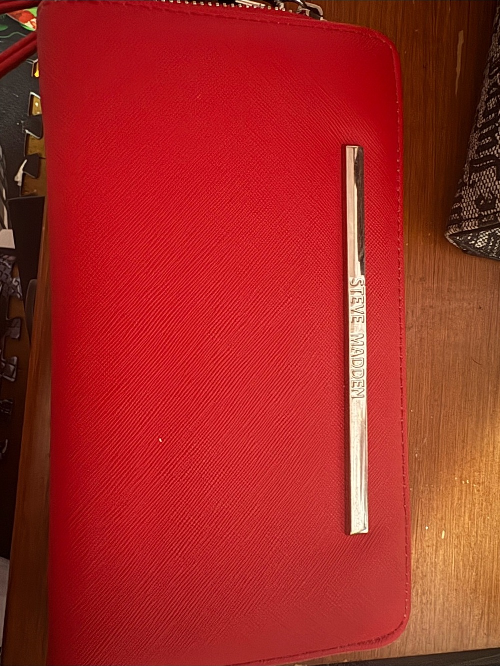 Steve Madden Red Saffiano Zip Wallet with Silver Logo Bar